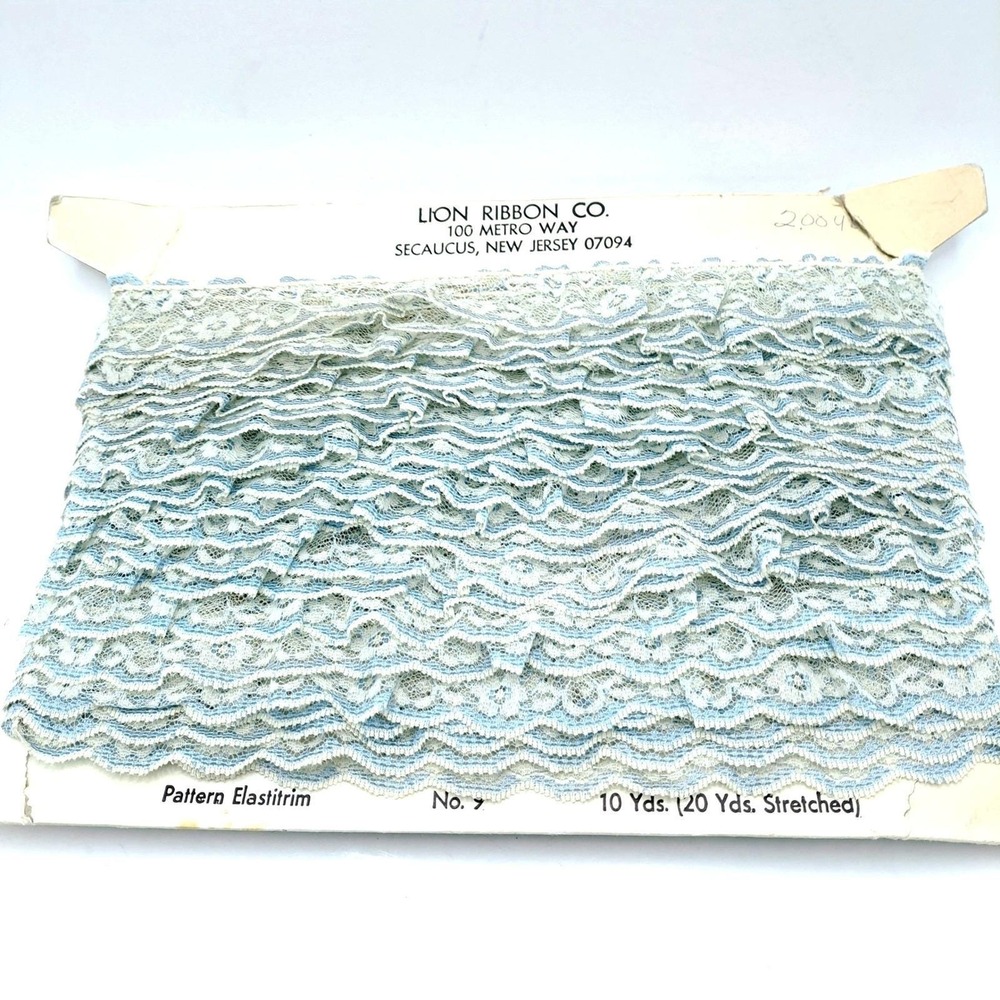 Lion Ribbon Co‎ Elastitrim Lace Trim 10 Yards Blue Ivory Vintage Ruffle Sewing
